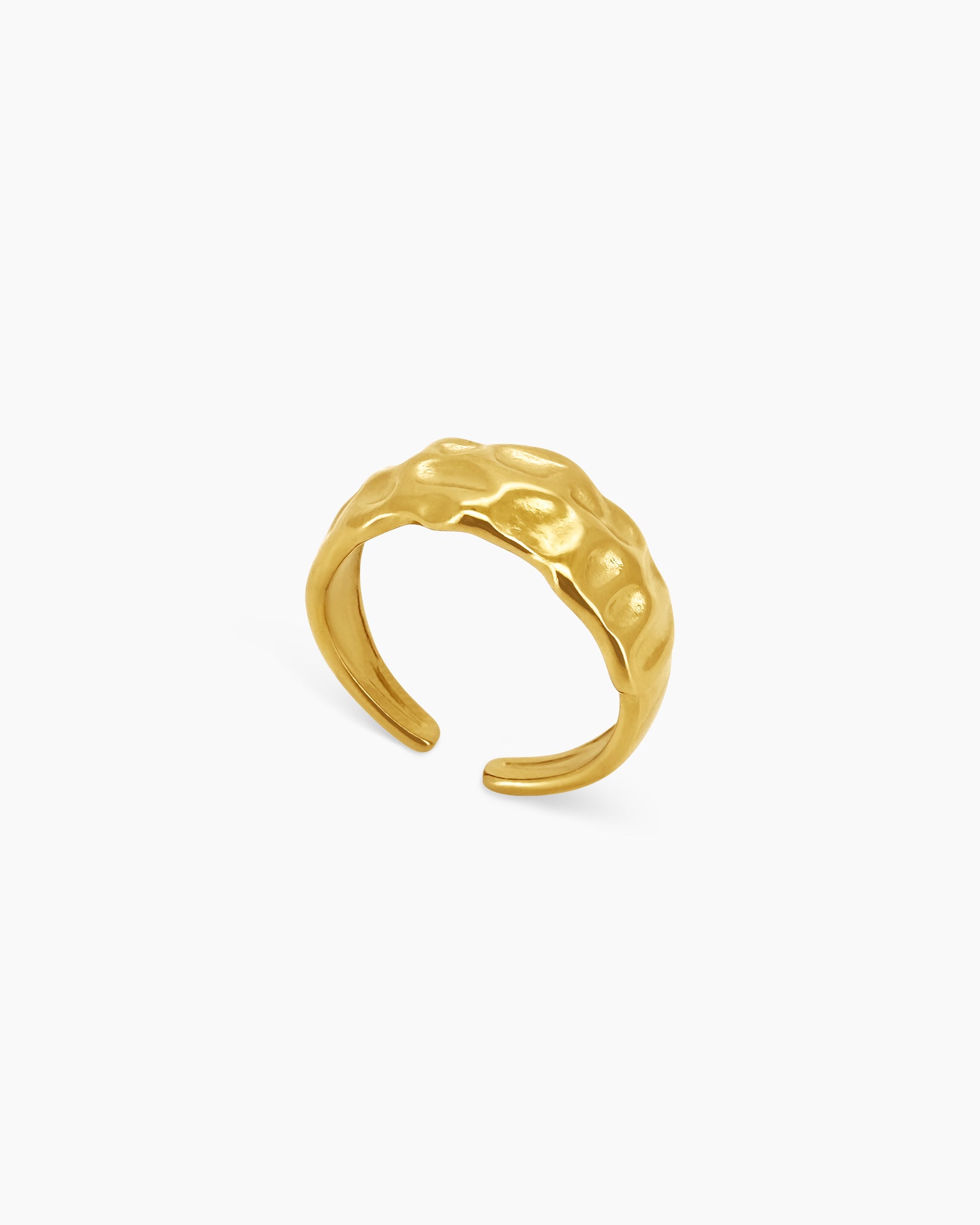 A gold ring with organic ridges, a softly molten texture, and an open band design