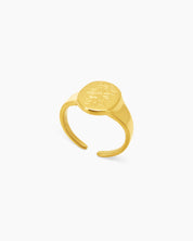 A statement ring with an engraved leafy branch on a smooth, oval face and a modern open-back design