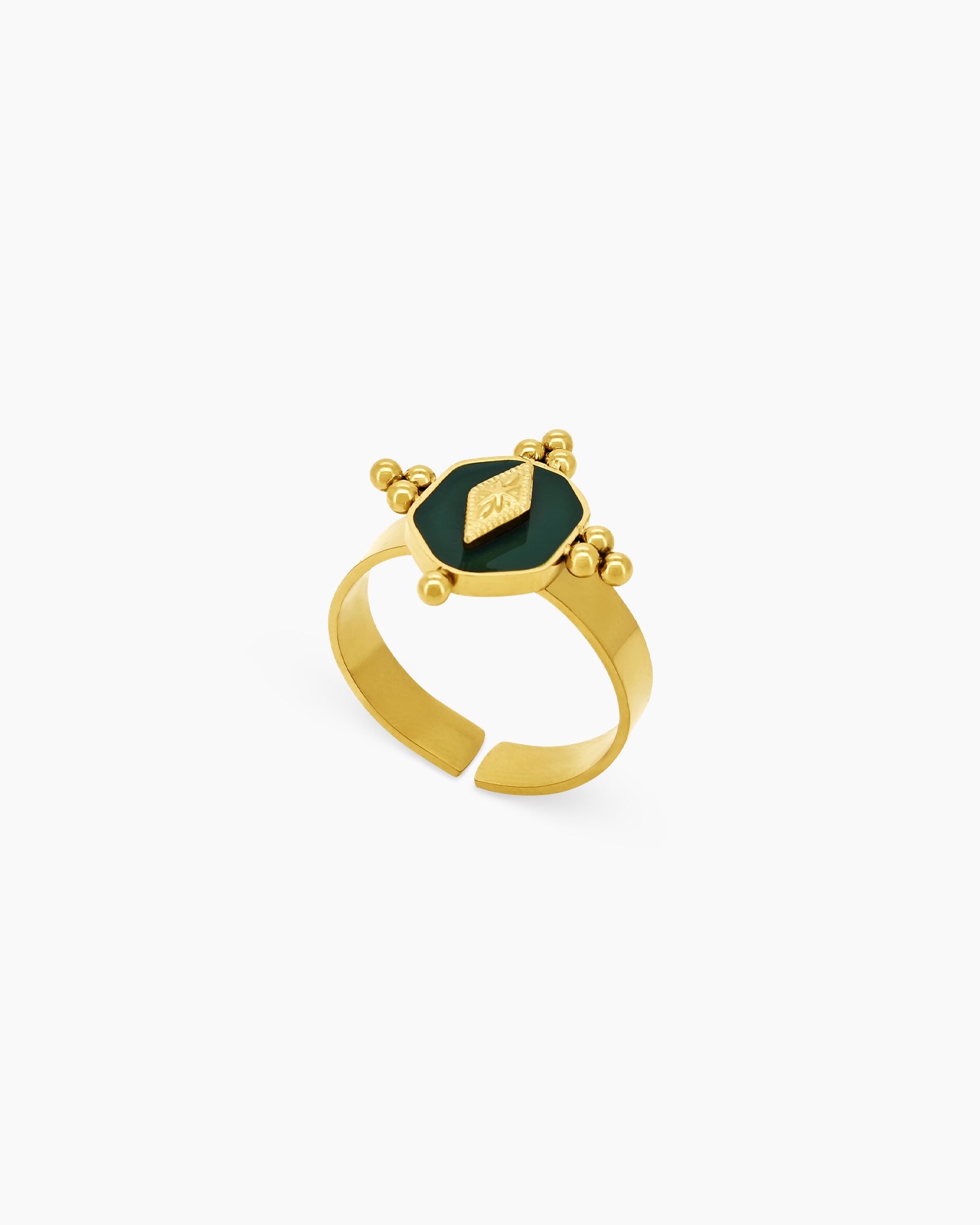 An adjustable ring with a deep green enamel inlay in a gold-tone frame and a raised diamond emblem