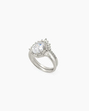 An enchanting duo of stacked rings in silver with a bold white zircon set in a crown-like frame