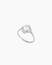 A ring with a brilliant oval-cut white zircon and a halo of tiny round stones in a clover-like silhouette