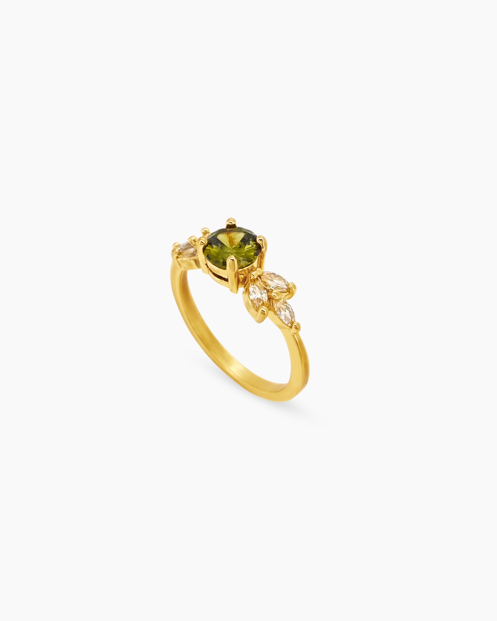 A 925 sterling silver ring with a lush olive-green zircon and marquise-cut clear zircons fanning out