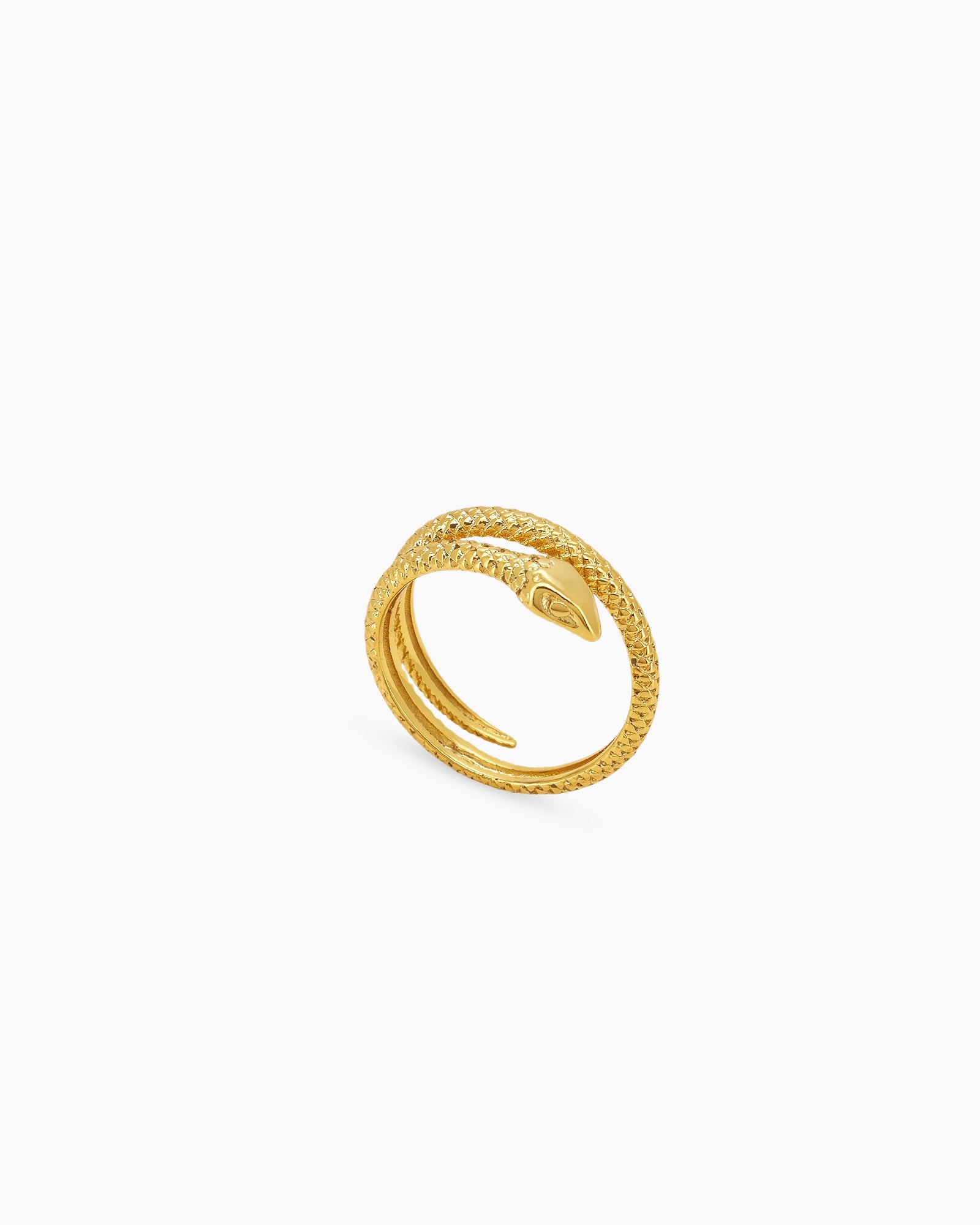 A gold-tone snake ring that coils smoothly in a bold open-band design with detailed scale embossing