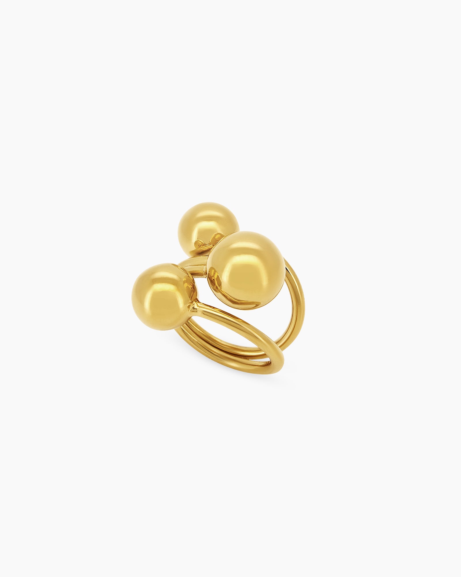 An adjustable ring with three radiant orbs on curved bands for a sculptural, modern look