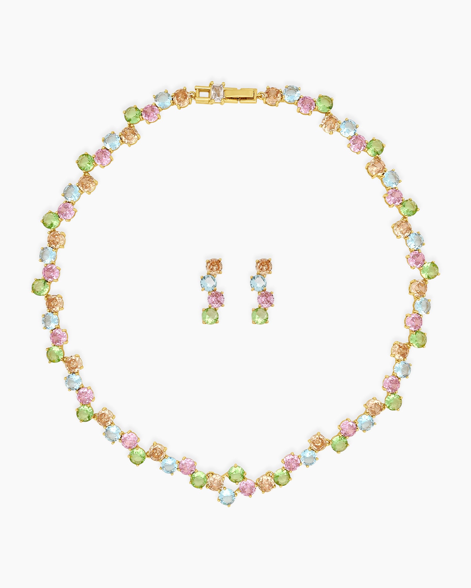 A set with a collar-style necklace and drop earrings, adorned with a playful array of pastel zircon stones