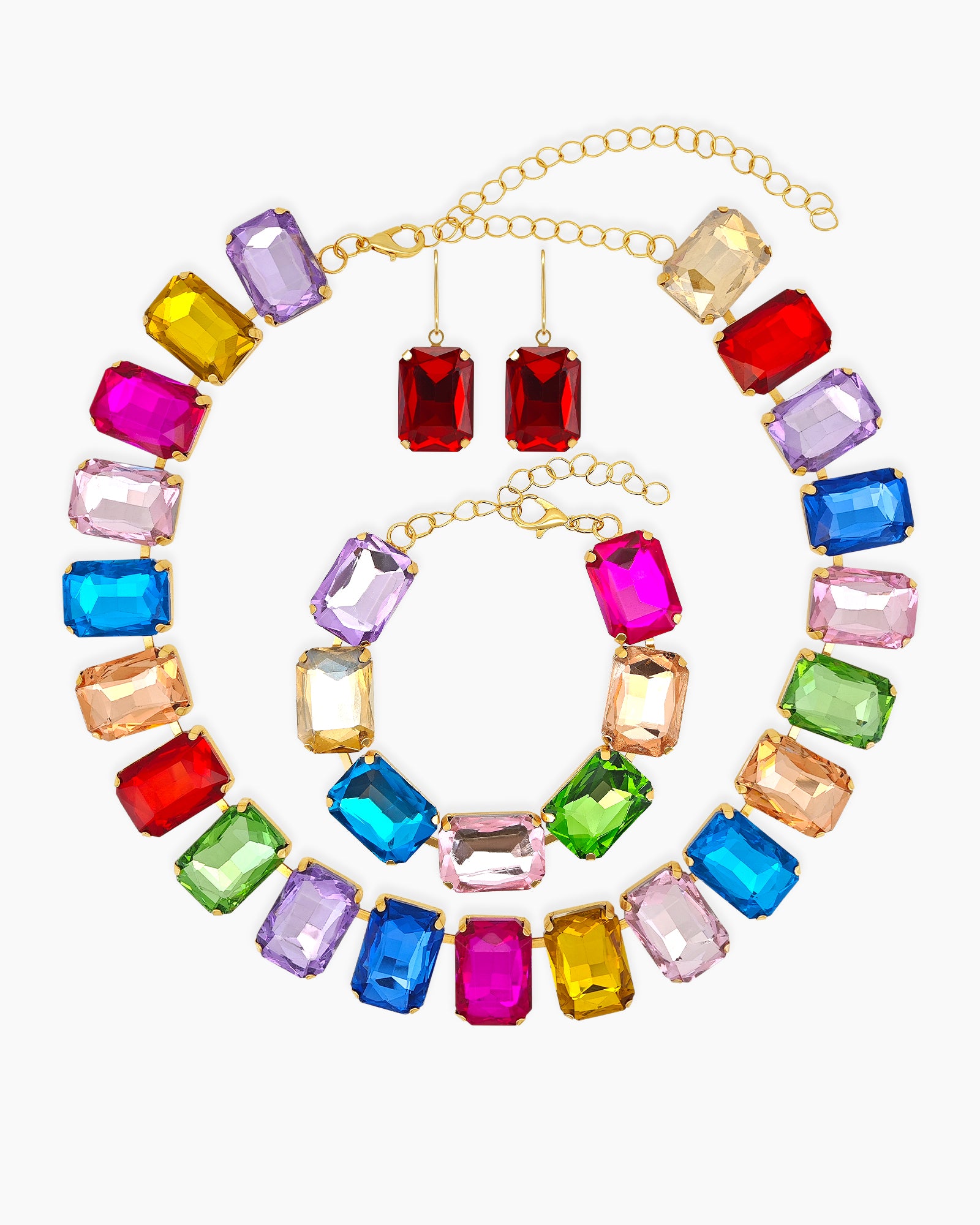 A jewelry set with oversized, gem-cut rhinestones in a kaleidoscope of bold hues for a fearless look