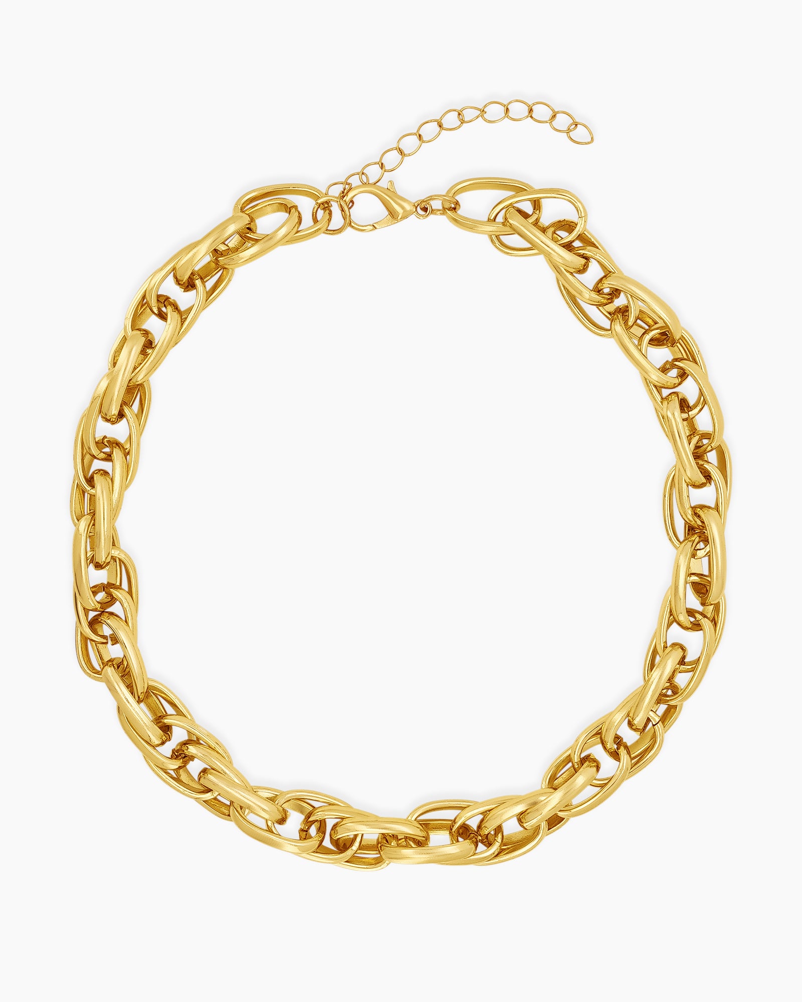 A necklace of interwoven gold-tone links in a sleek rope-style design for a classic, statement look