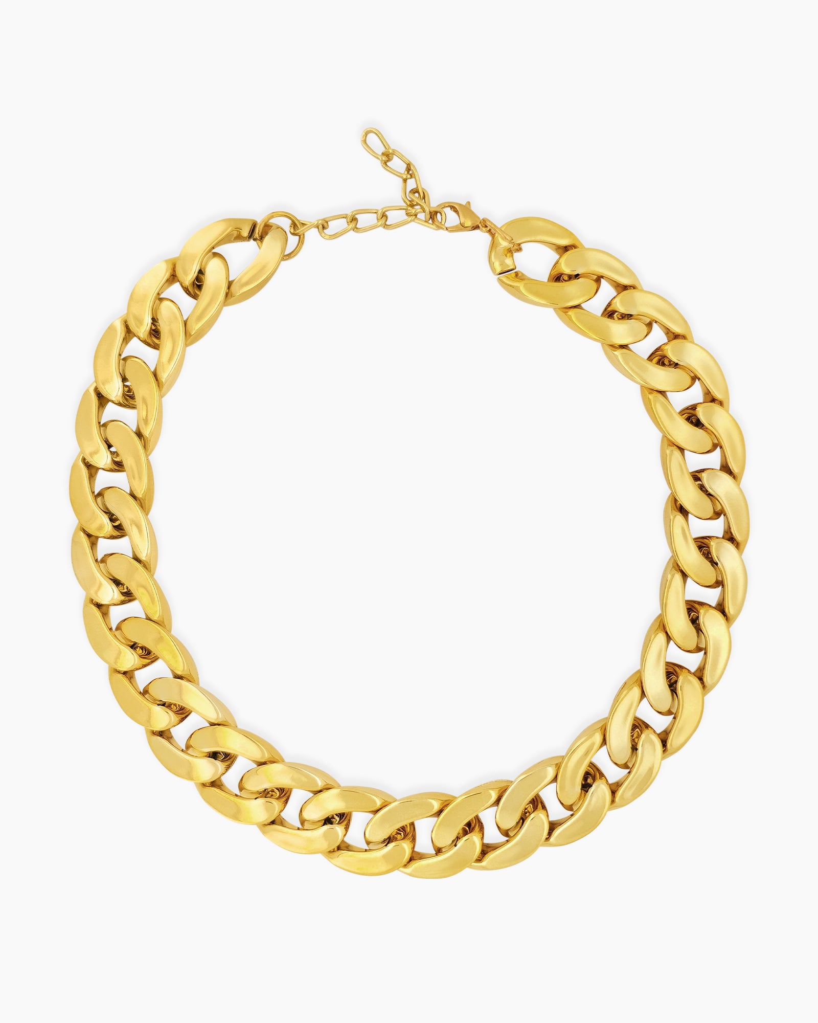 A gold necklace with a chunky silhouette and sleek polish that is both timeless and modern