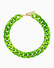 A green necklace of oversized curb links with a high-gloss metallic finish for an expressive look