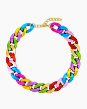 A mixed-colors necklace of oversized curb links with a high-gloss metallic finish for an expressive look
