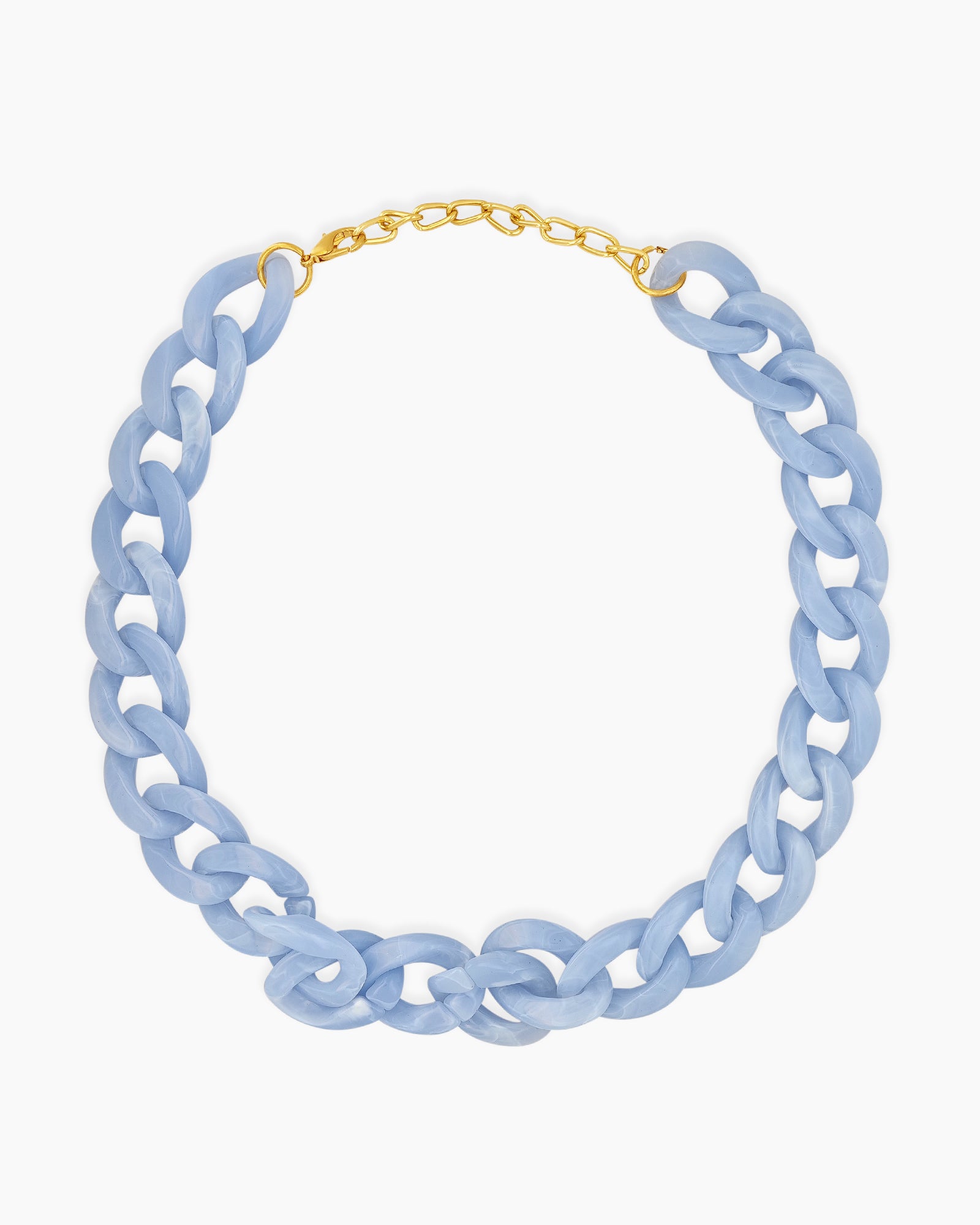 A modern statement necklace crafted from glossy, translucent resin links in a dreamy pastel blue