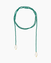 An ultra-lightweight, rope-style necklace strung with fine, deep green seed beads and luminous pearl ends