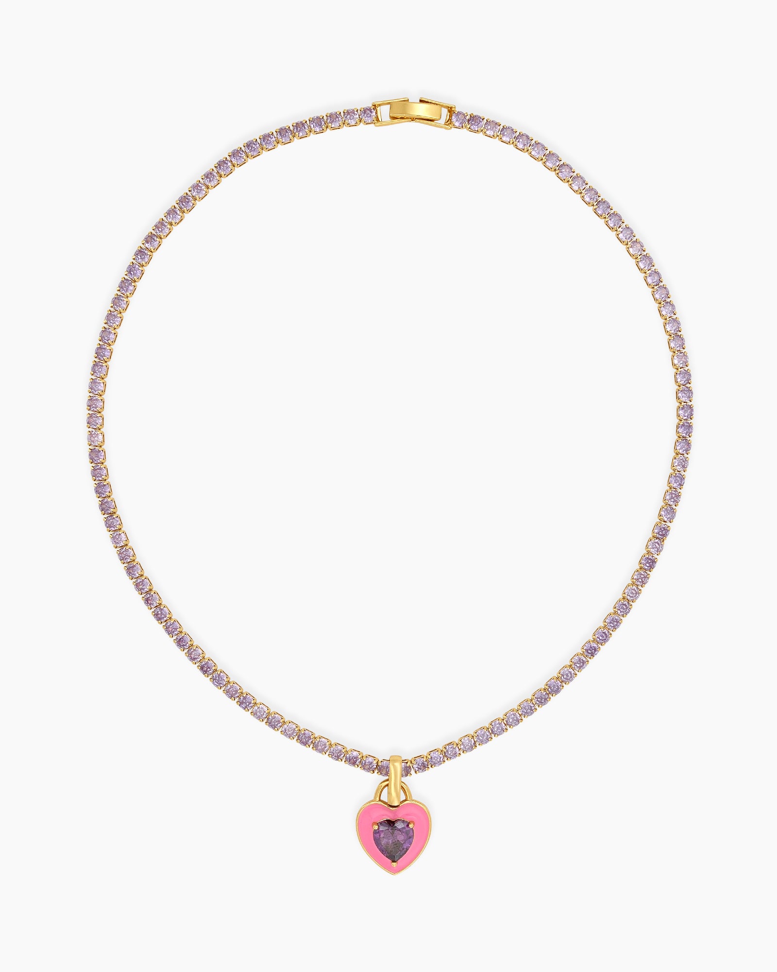 A light-pink tennis necklace with a full strand of zircon stones and an enamel heart charm with a center stone