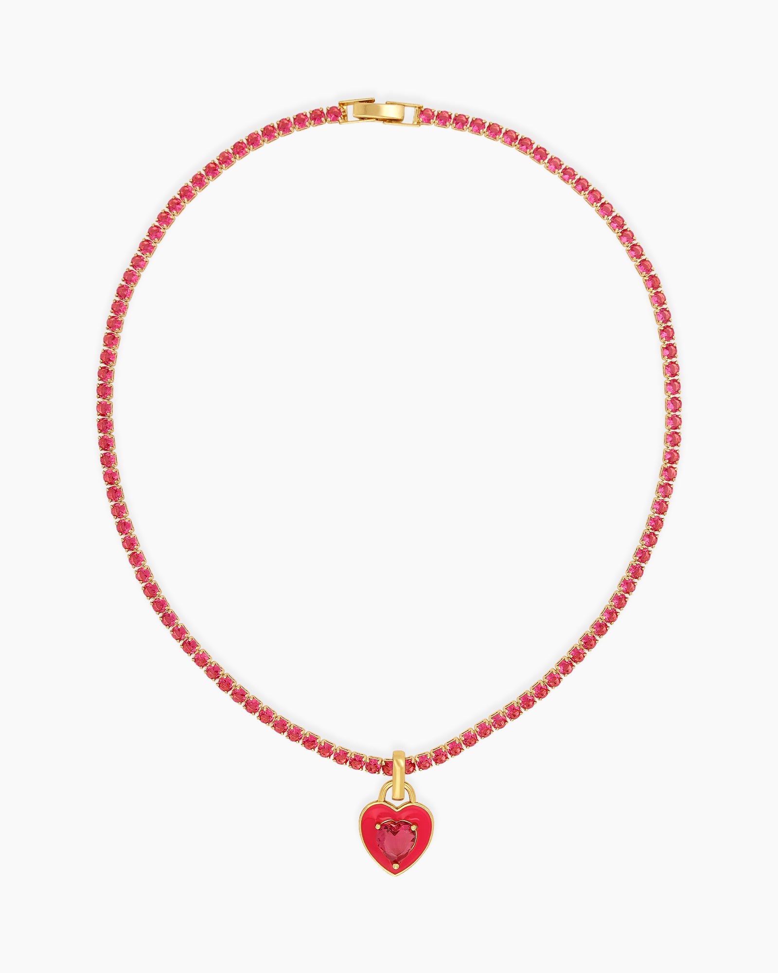 A rose-red tennis necklace with a full strand of zircon stones and an enamel heart charm with a center stone