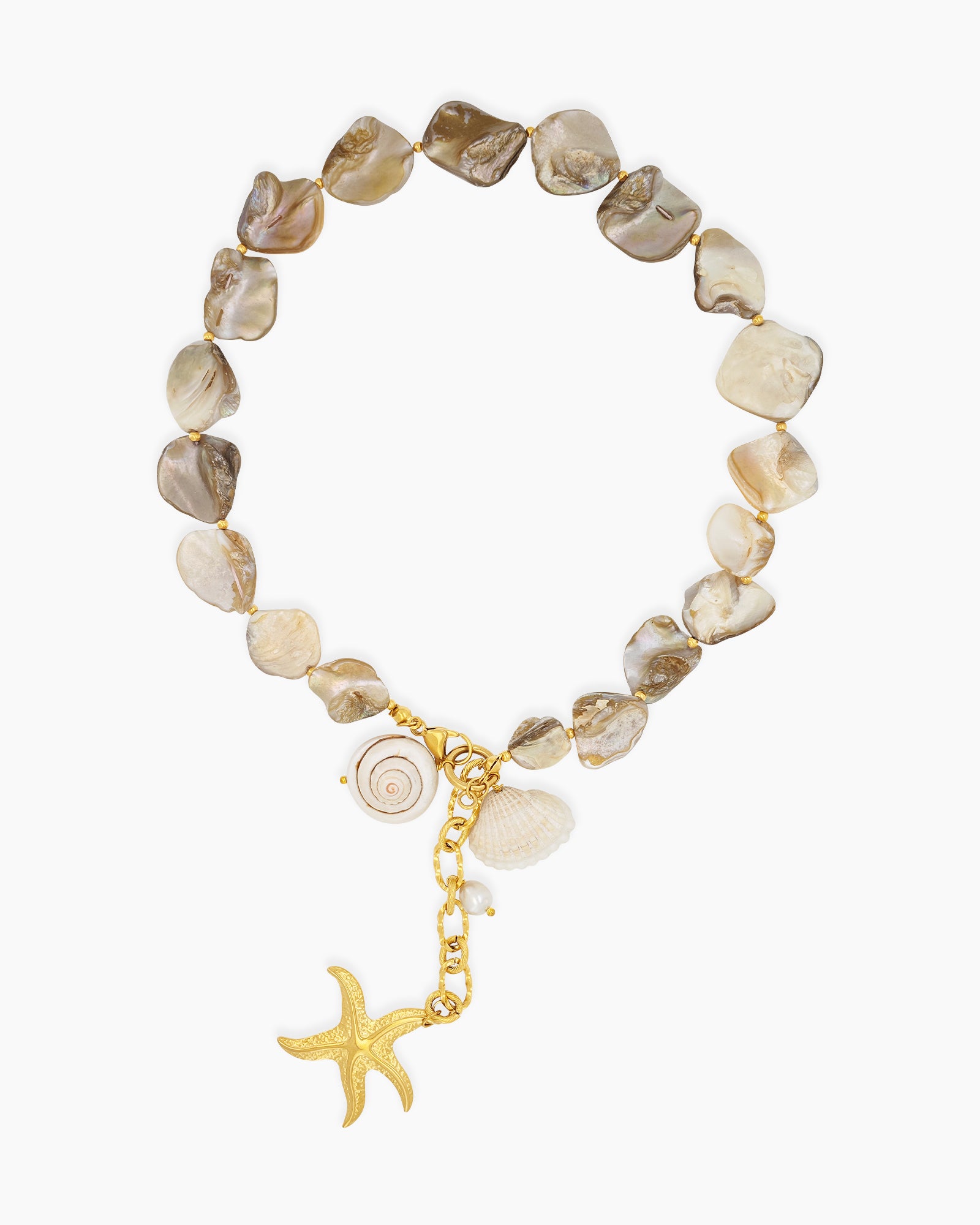 A necklace of irregular freshwater shell beads and luminous pearls with golden shell and starfish charms
