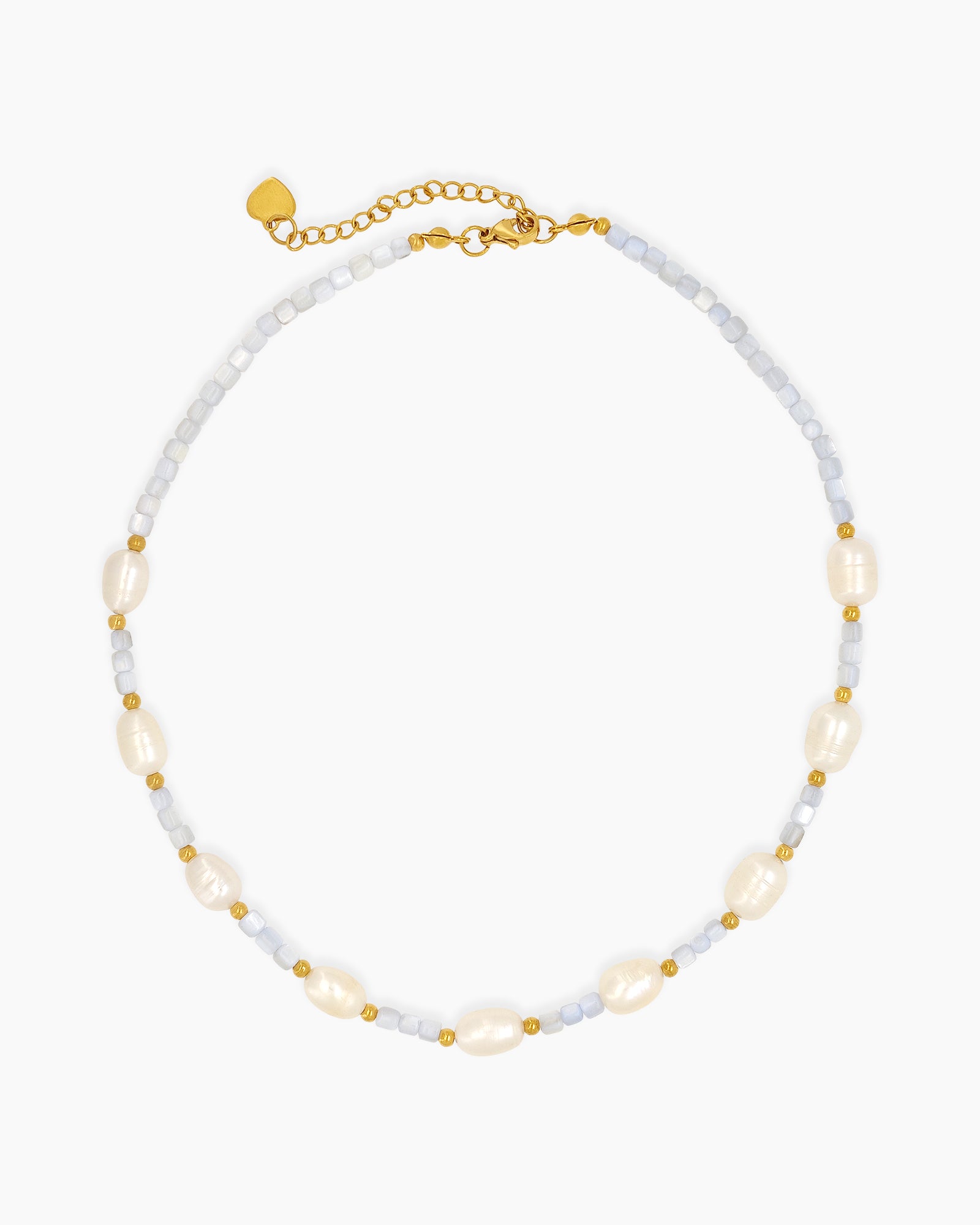 A beaded necklace of light blue agate beads dotted with luminous freshwater pearls and tiny gold accents