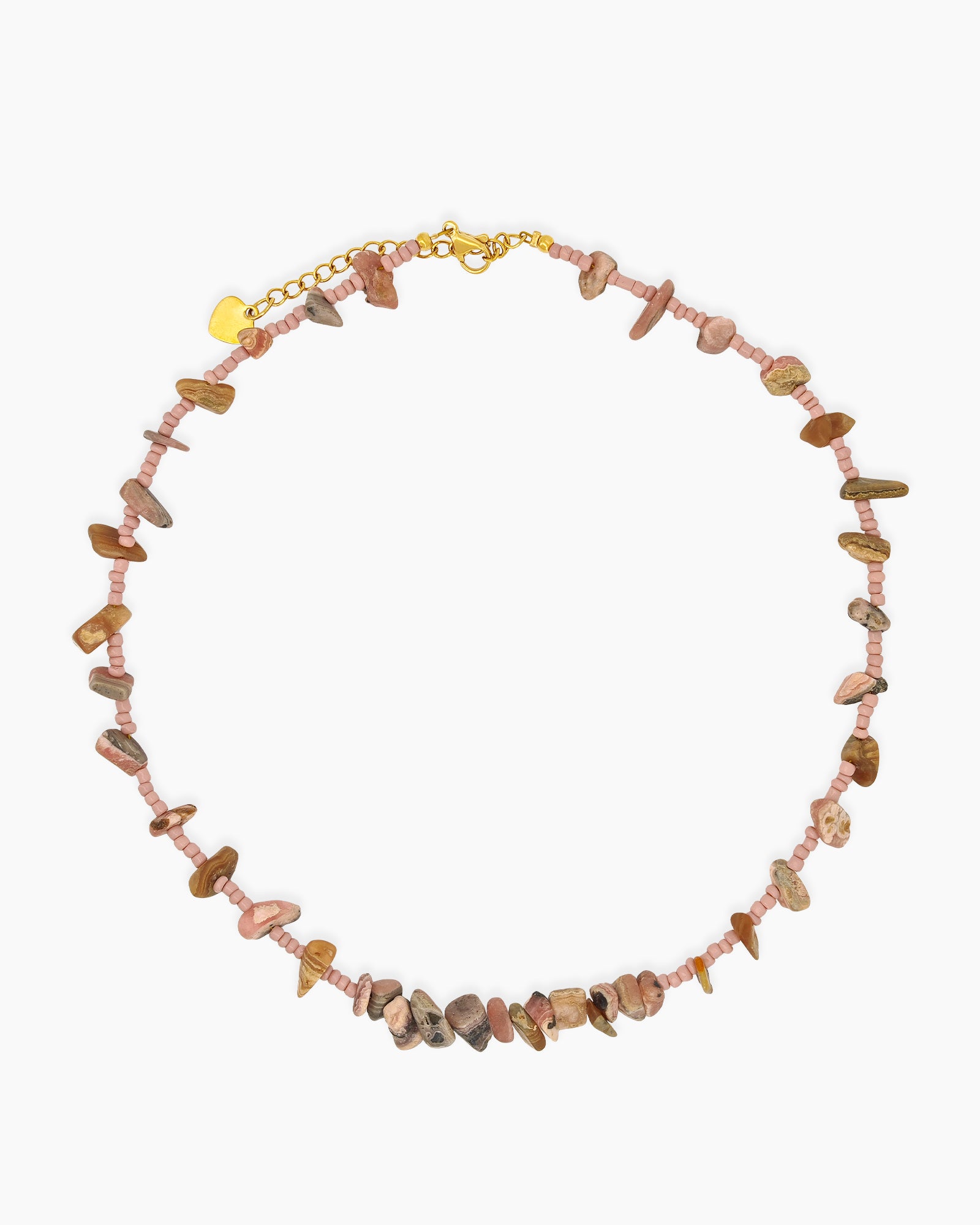 A beaded necklace with a mix of warm-hued agate chips and delicate pink seed beads for an earthy feel