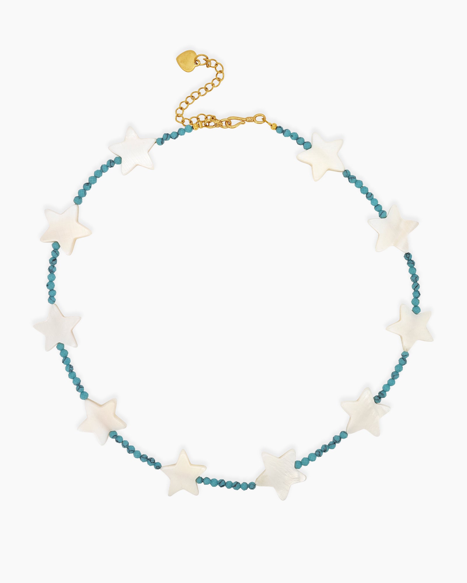 A necklace of mother-of-pearl stars strung along vibrant turquoise seed beads for a cosmic charm