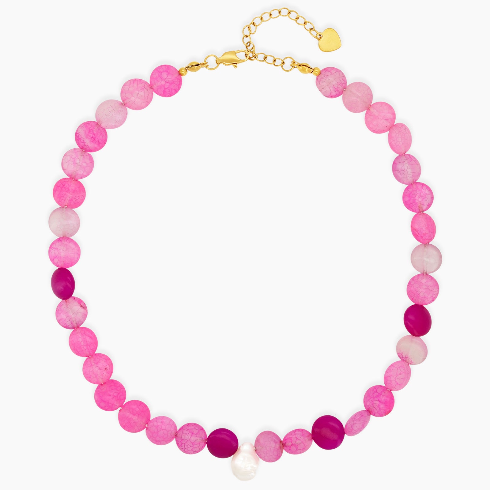 A beaded necklace with vibrant hot pink and translucent blush carnelian, accented by a single baroque pearl