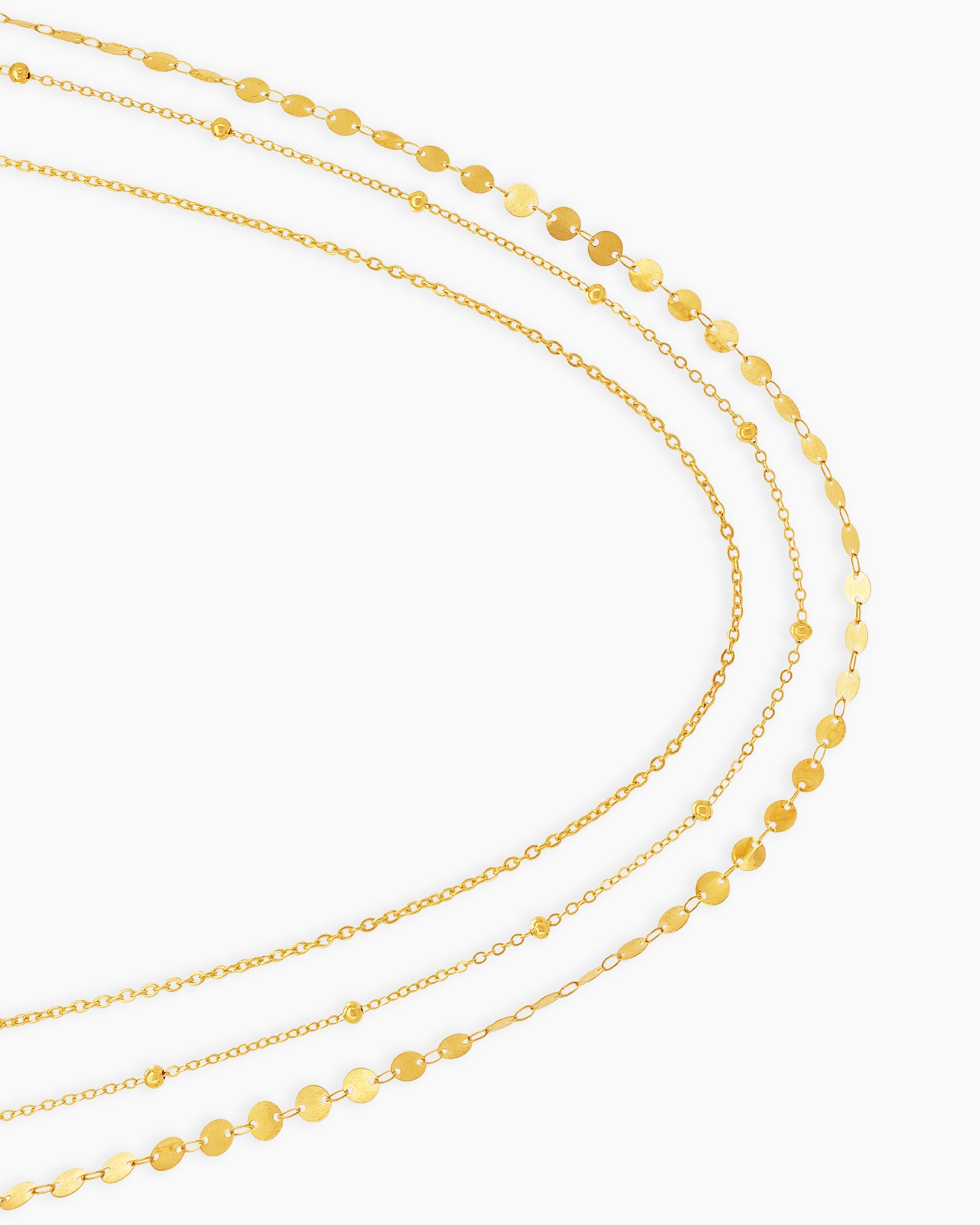 A gold waist chain with two sleek layers, one dotted with tiny beads and the other with shimmering discs