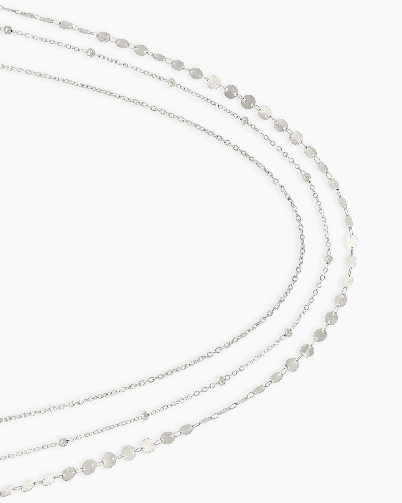 A silver waist chain with two sleek layers, one dotted with tiny beads and the other with shimmering discs