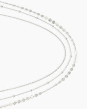 A silver waist chain with two sleek layers, one dotted with tiny beads and the other with shimmering discs