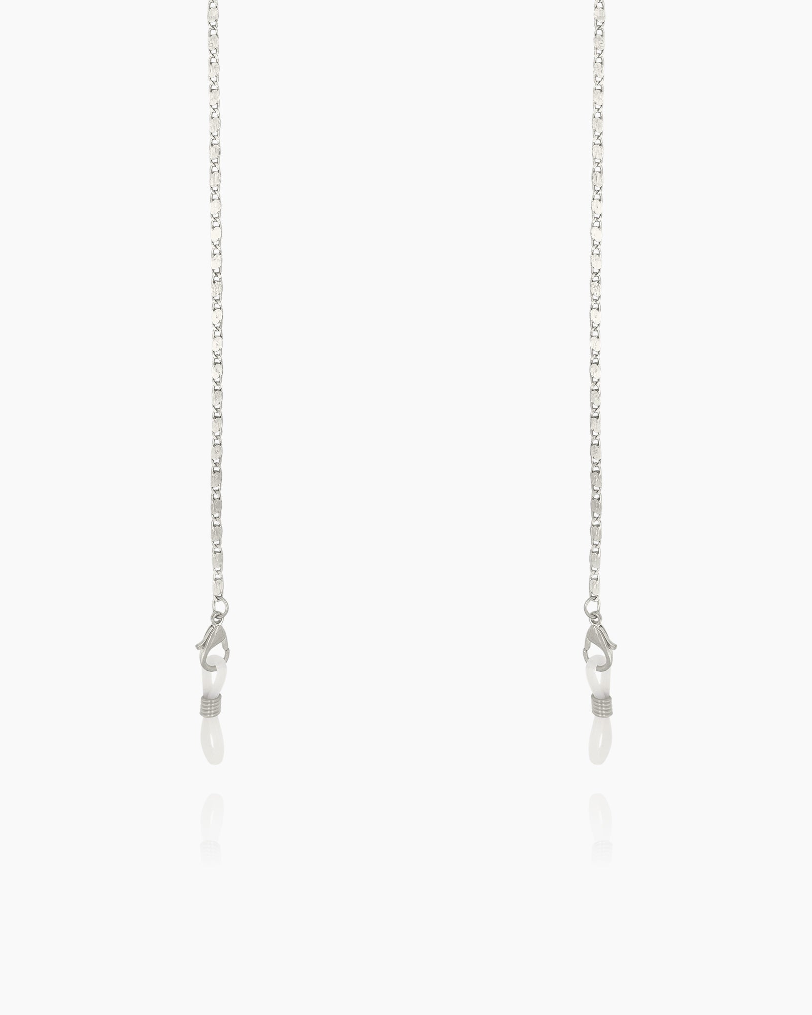 A refined silver glasses chain for eyewear, featuring a slim, silver-tone box-link design for a soft shimmer