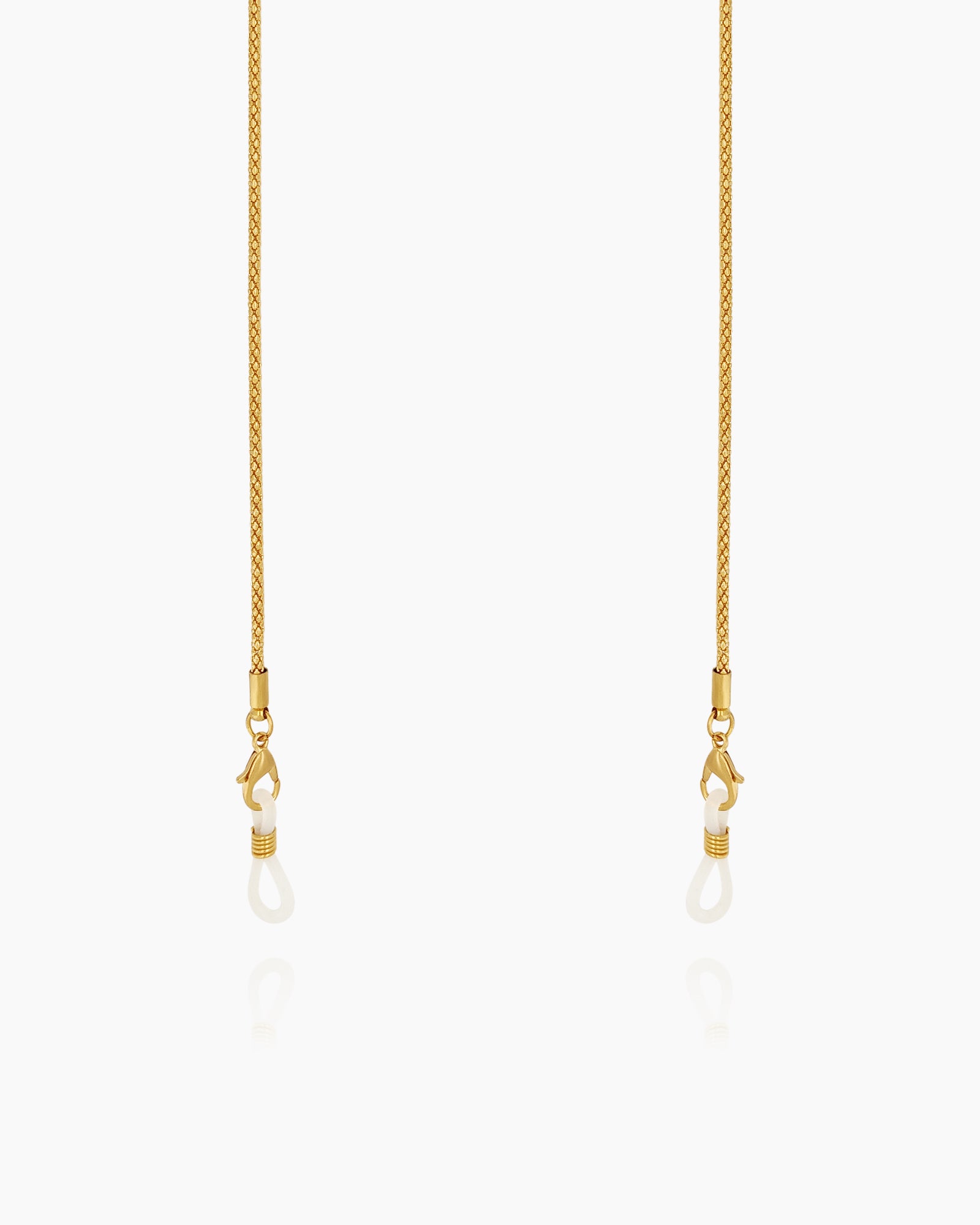 A sleek, lightweight gold-tone glasses chain with an intricate rope-style design that glows warmly