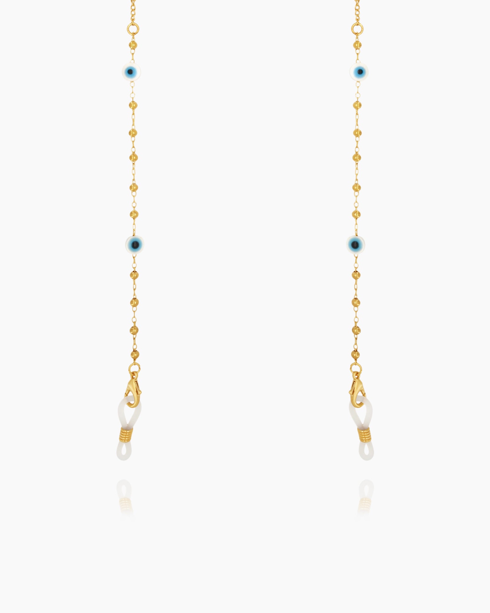 A lightweight, gold-toned glasses chain with delicate beads and subtle evil eye accents for stylish safeguarding