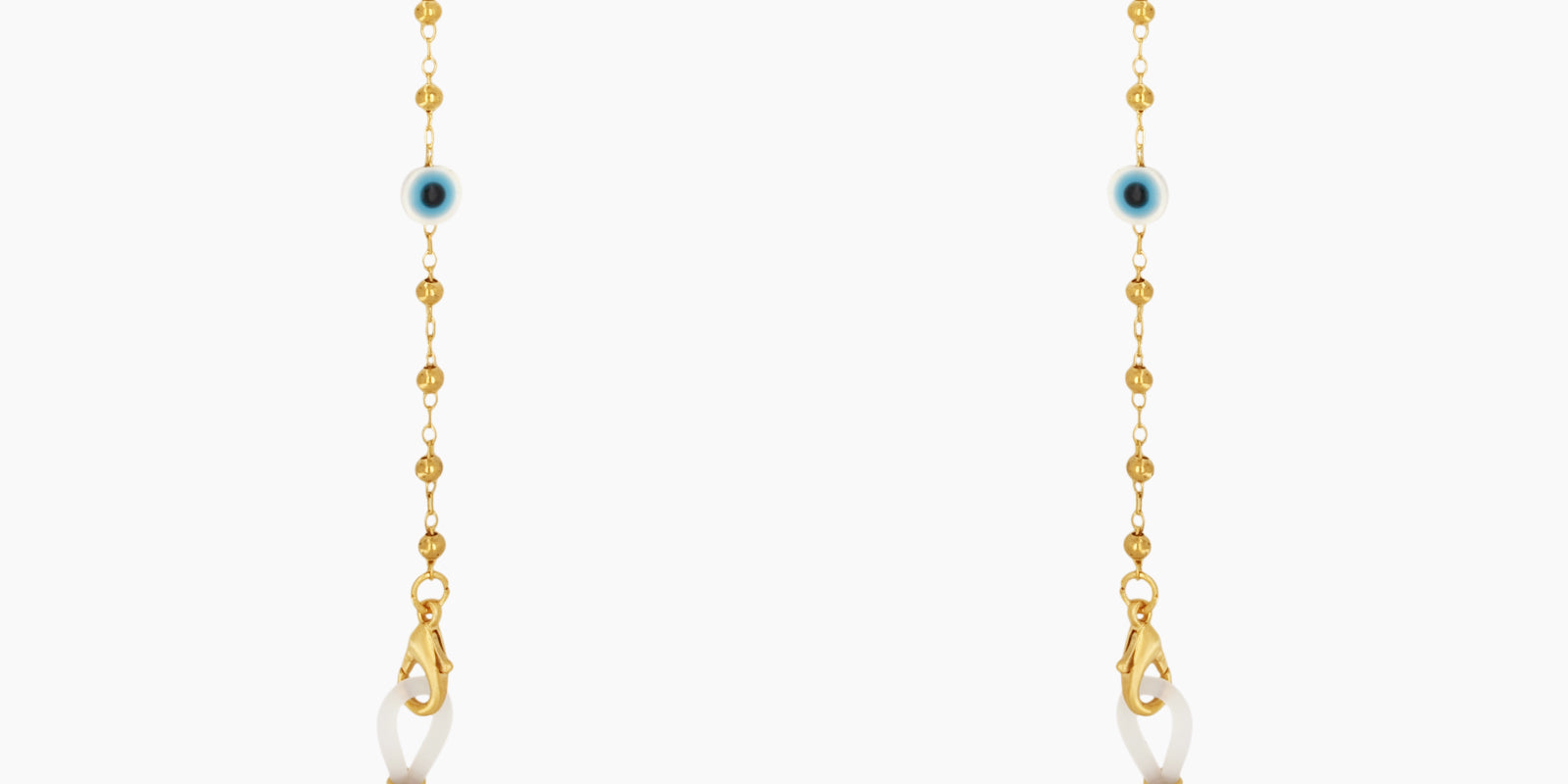 A lightweight, gold-toned glasses chain with delicate beads and subtle evil eye accents for stylish safeguarding