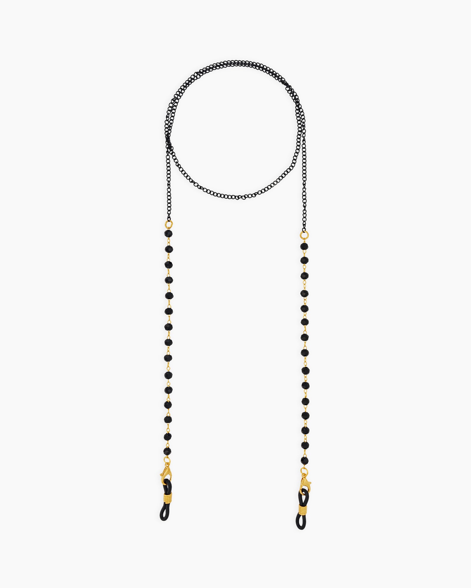 A glasses chain with sleek black faceted beads paired with fine double-link chains for a subtle edge