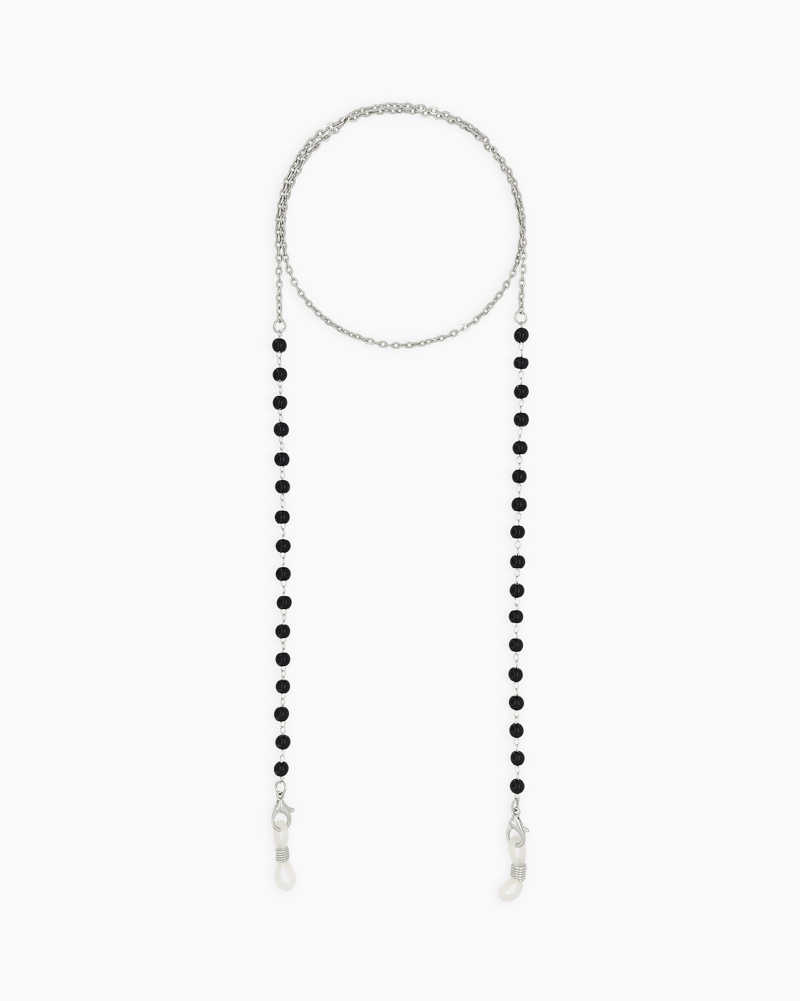 A minimalist glasses chain with tiny faceted black beads along a fine silver-tone chain