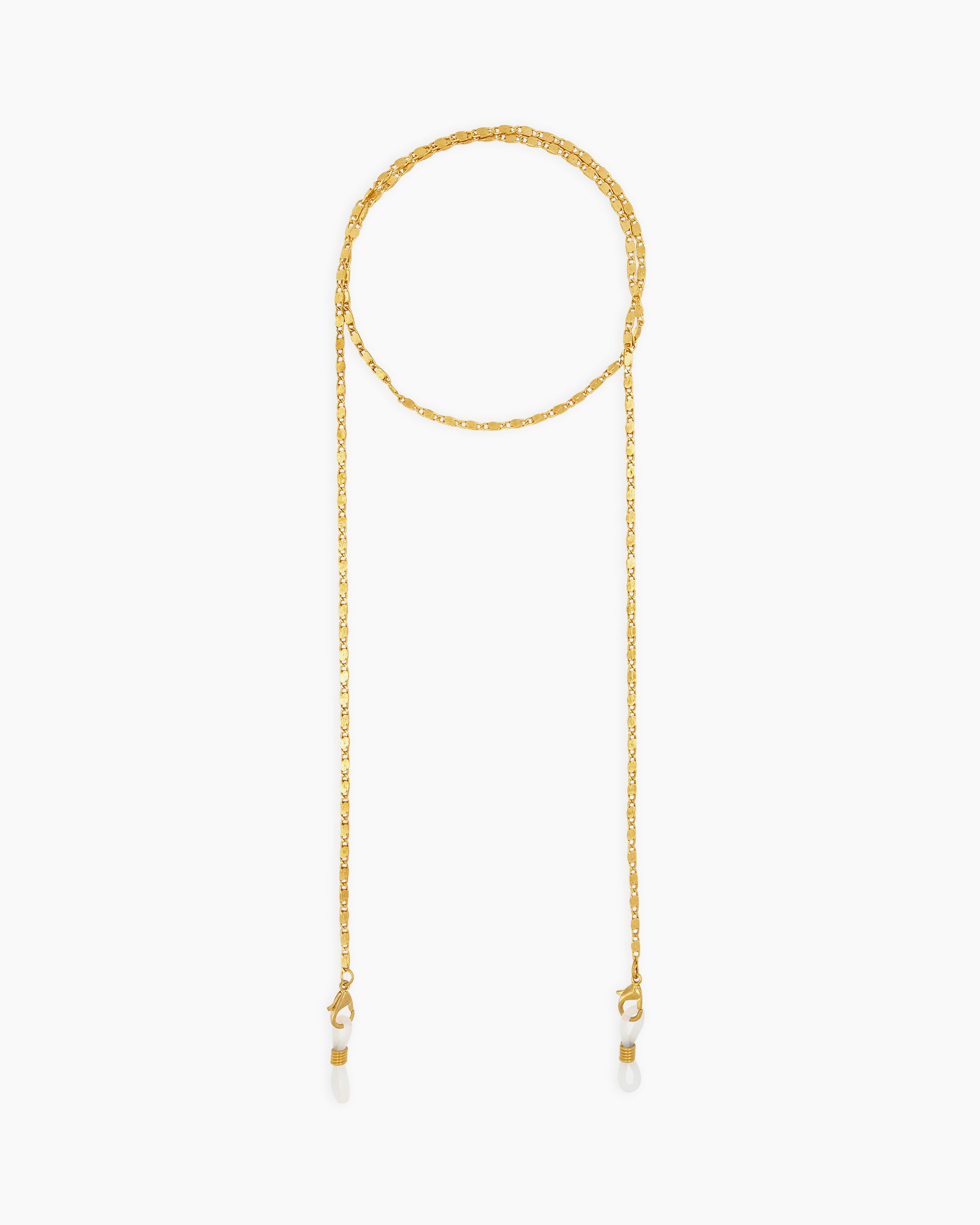 A refined gold glasses chain for eyewear, featuring a slim, gold-tone box-link design for a soft shimmer