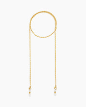 A refined gold glasses chain for eyewear, featuring a slim, gold-tone box-link design for a soft shimmer