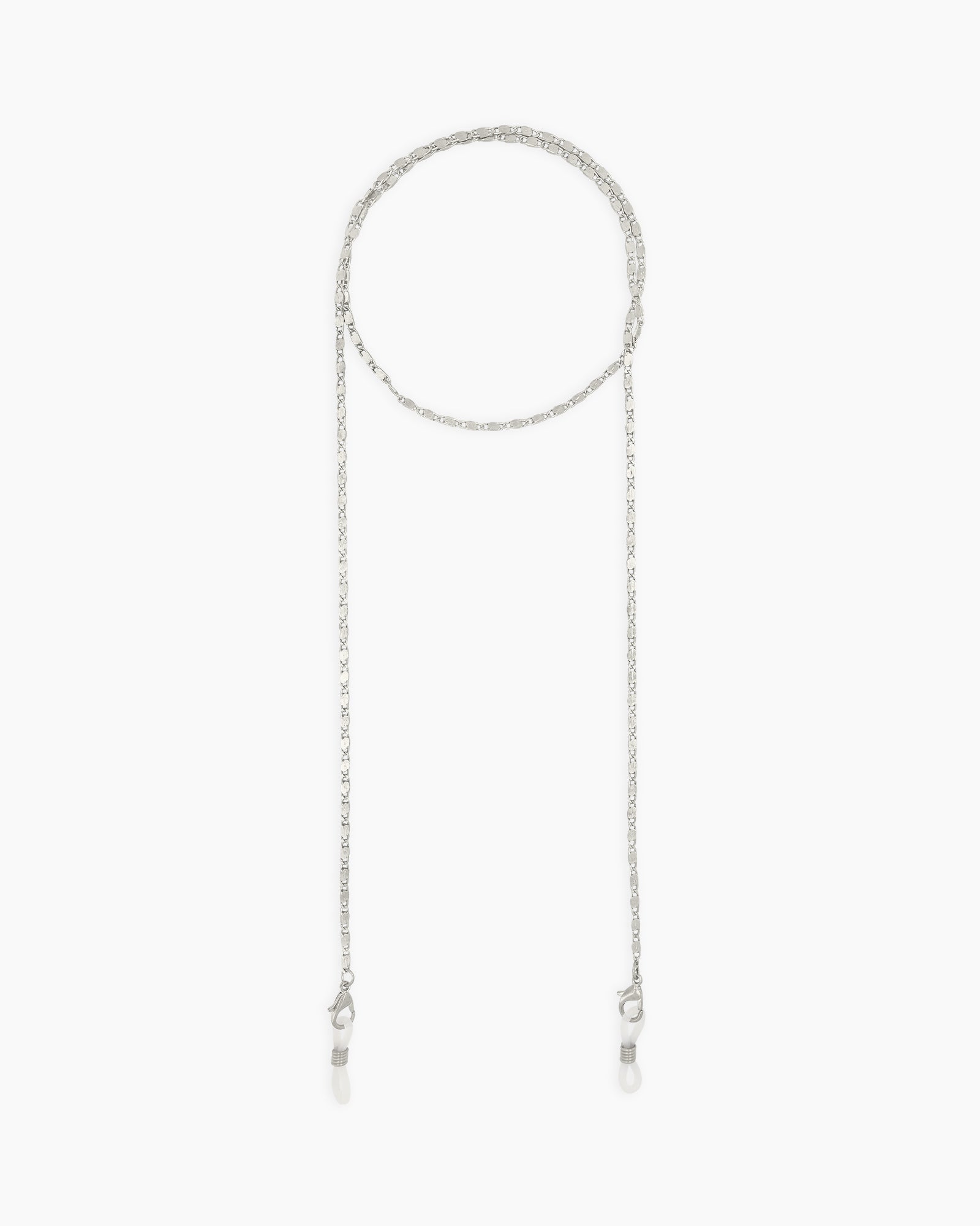 A refined silver glasses chain for eyewear, featuring a slim, silver-tone box-link design for a soft shimmer