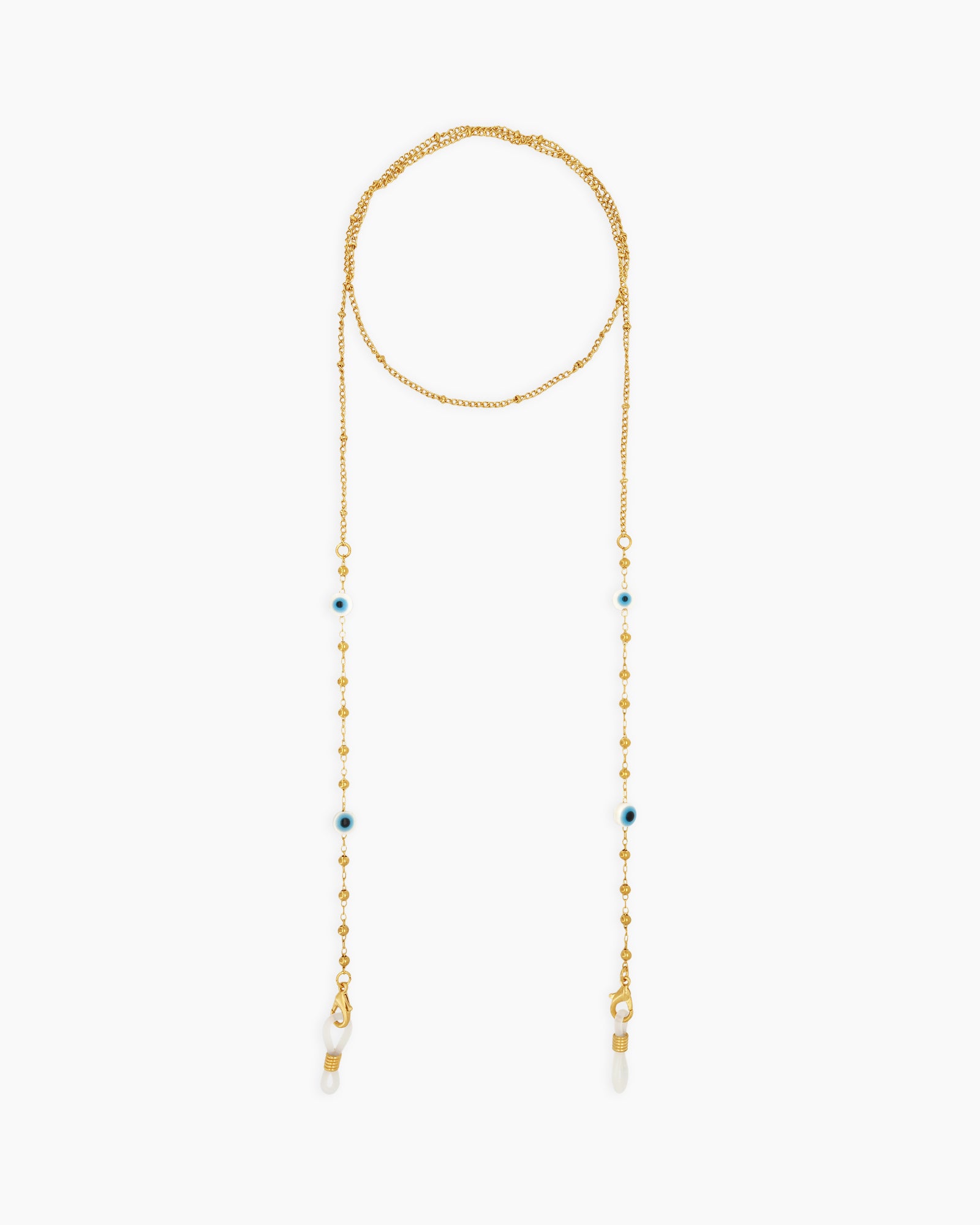A lightweight, gold-toned glasses chain with delicate beads and subtle evil eye accents for stylish safeguarding