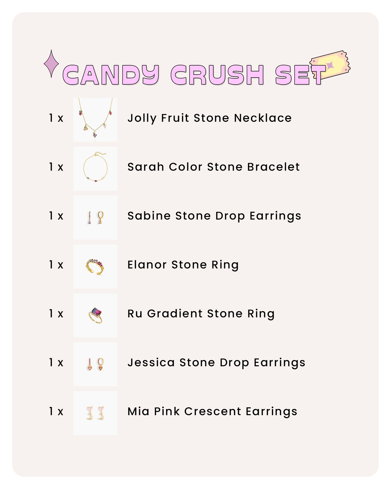 A set of candy-colored gems, sparkling fruit charms, and dreamy jewels designed for fun