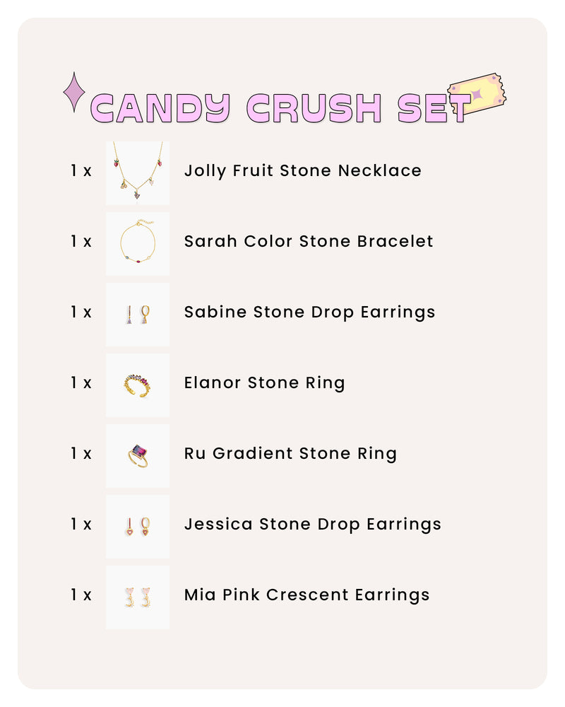 A set of candy-colored gems, sparkling fruit charms, and dreamy jewels designed for fun