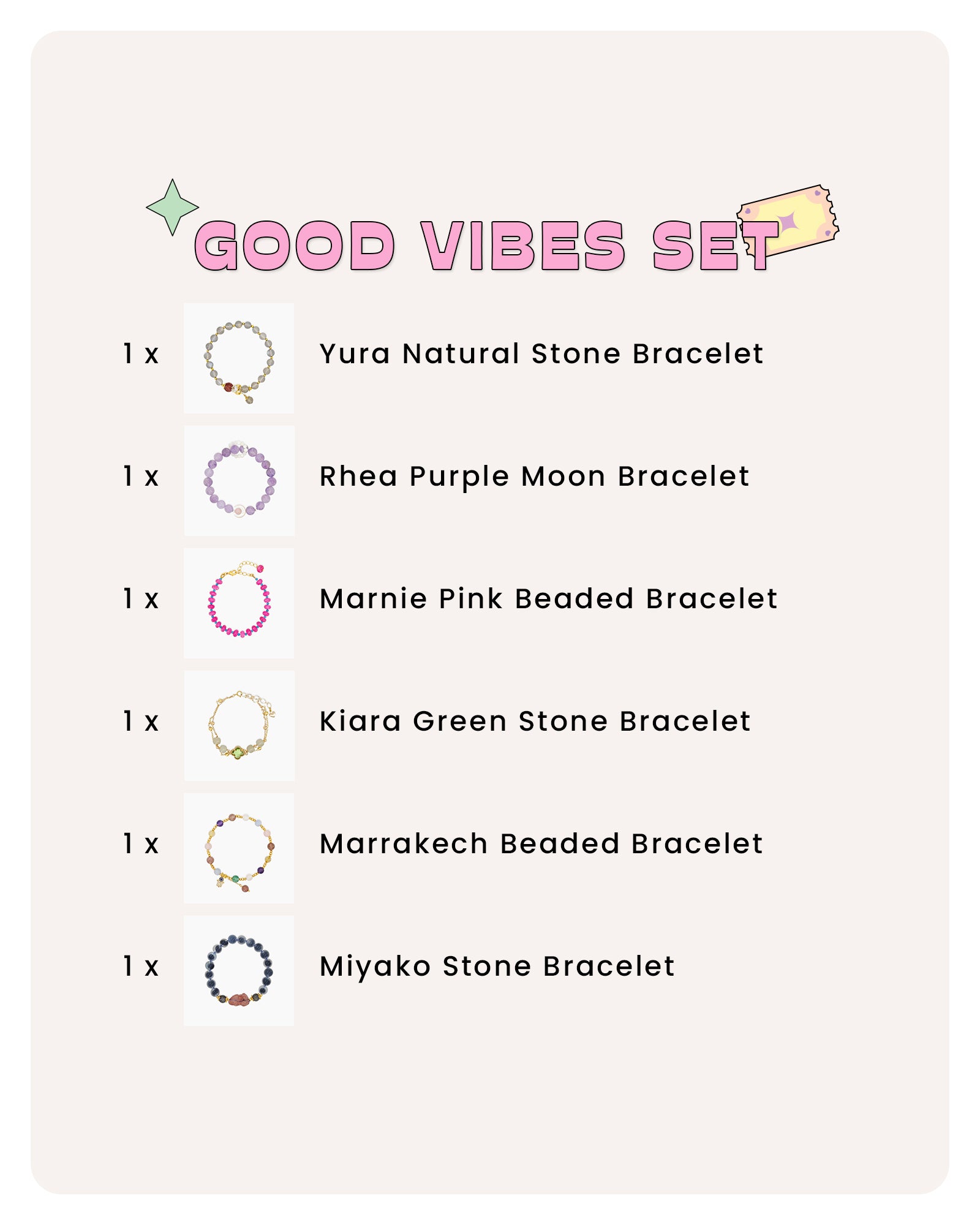 A versatile set of six distinct stone and beaded bracelets, creating a complete bracelet wardrobe