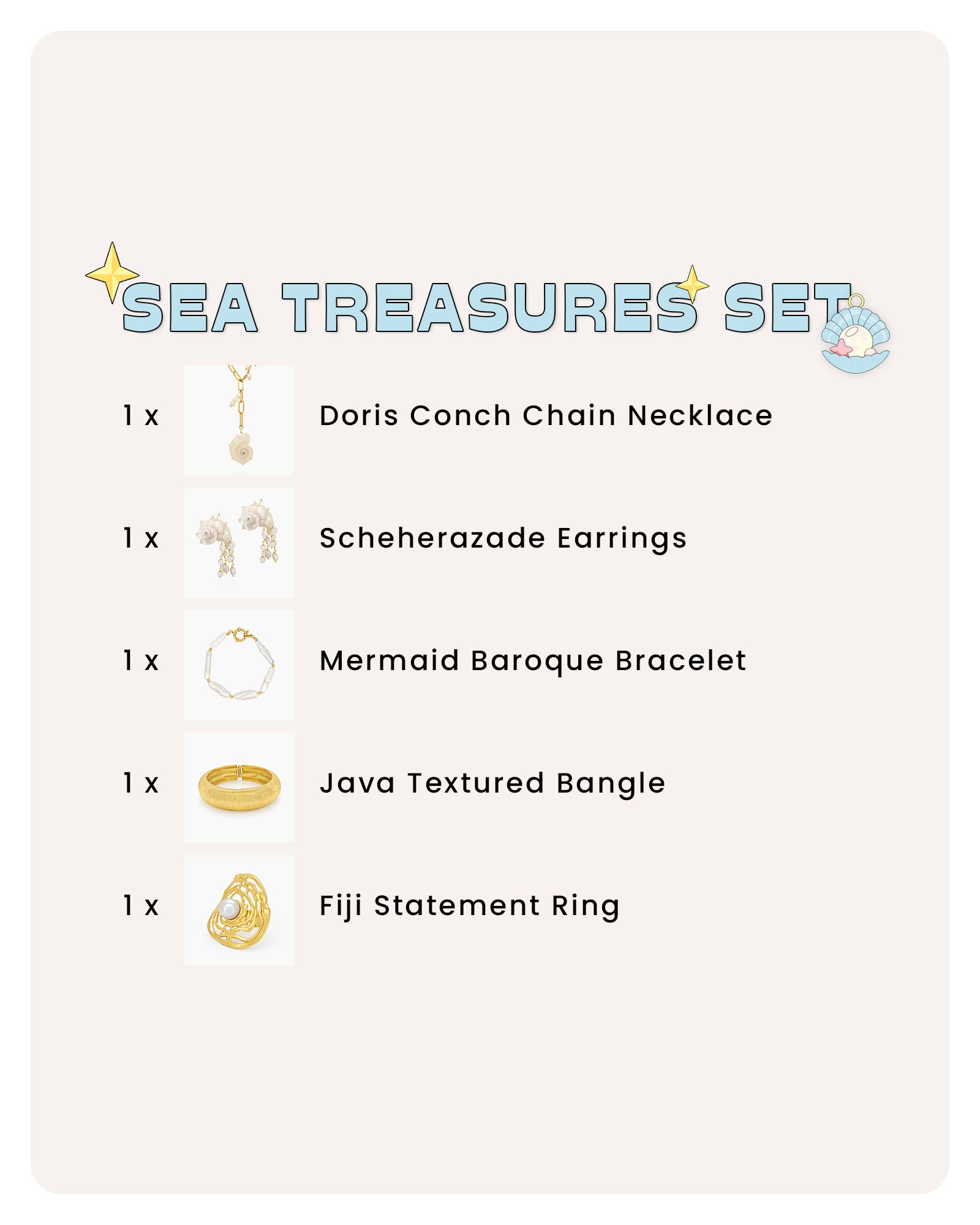 A collection of pearl, conch, and textured gold accessories for a look of pure coastal elegance