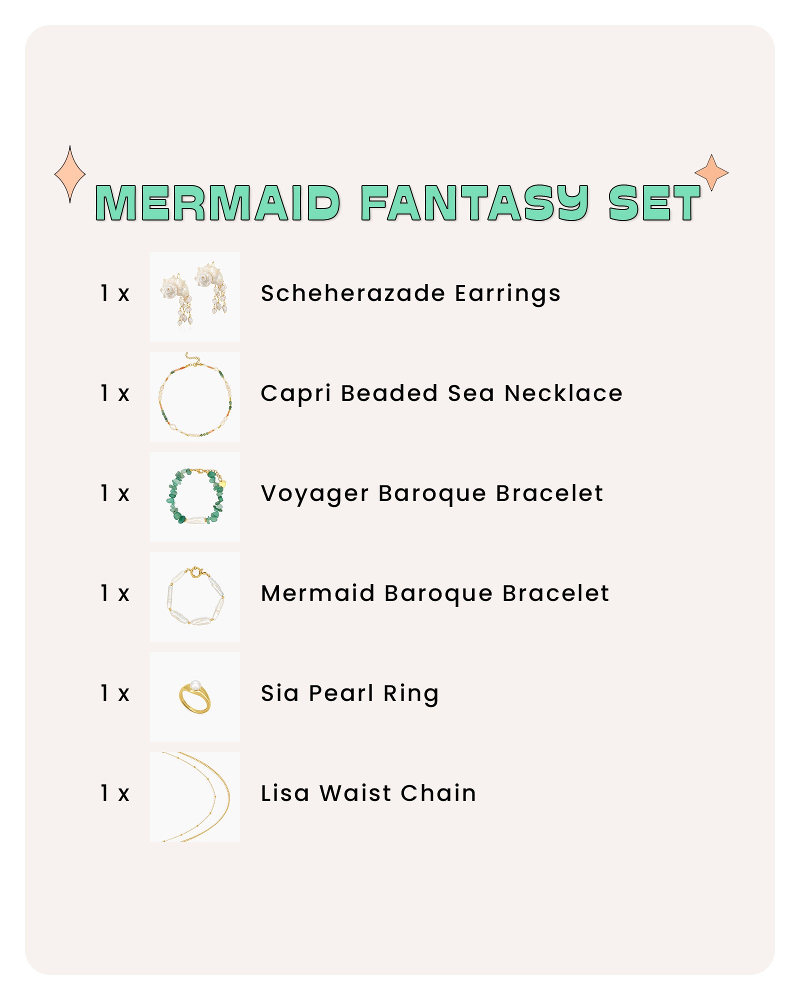 A sea-inspired jewelry collection of luminous pearls, sculptural shells, and a delicate gold waist chain