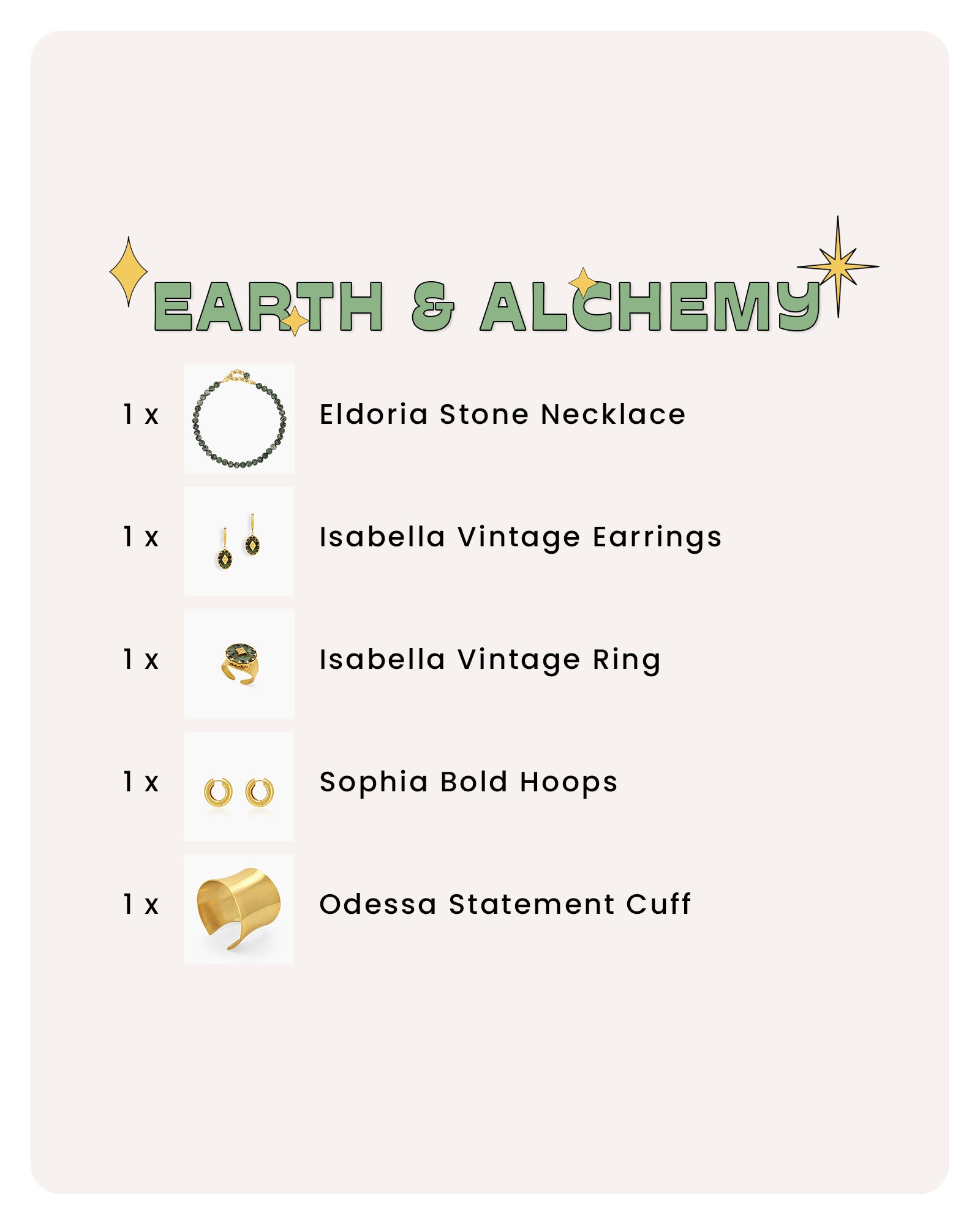 A jewelry set of five standout pieces in bold gold with earthy stones for maximum impact