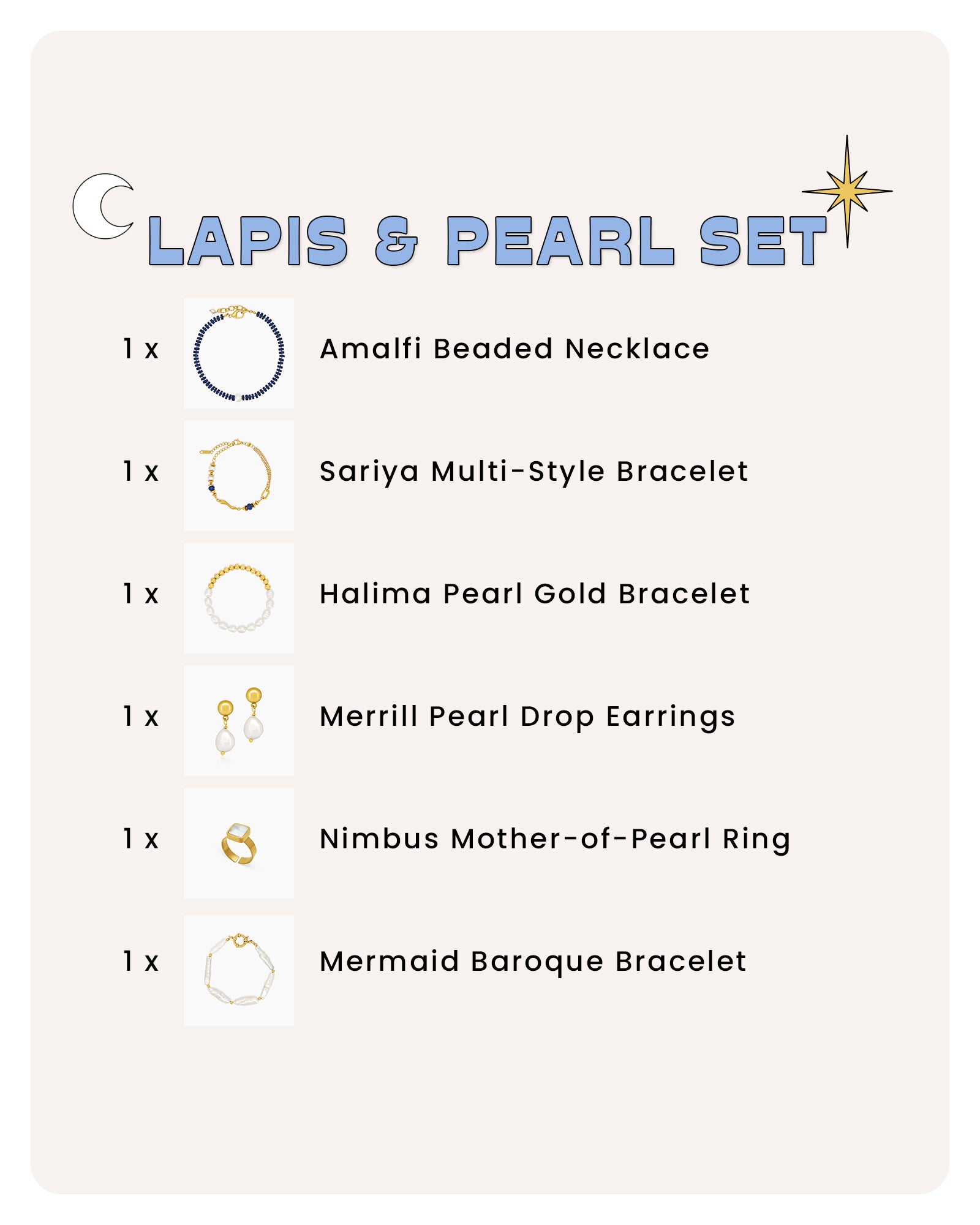 A curated jewelry set with deep blue lapis lazuli and luminous pearls for a sophisticated, celestial look