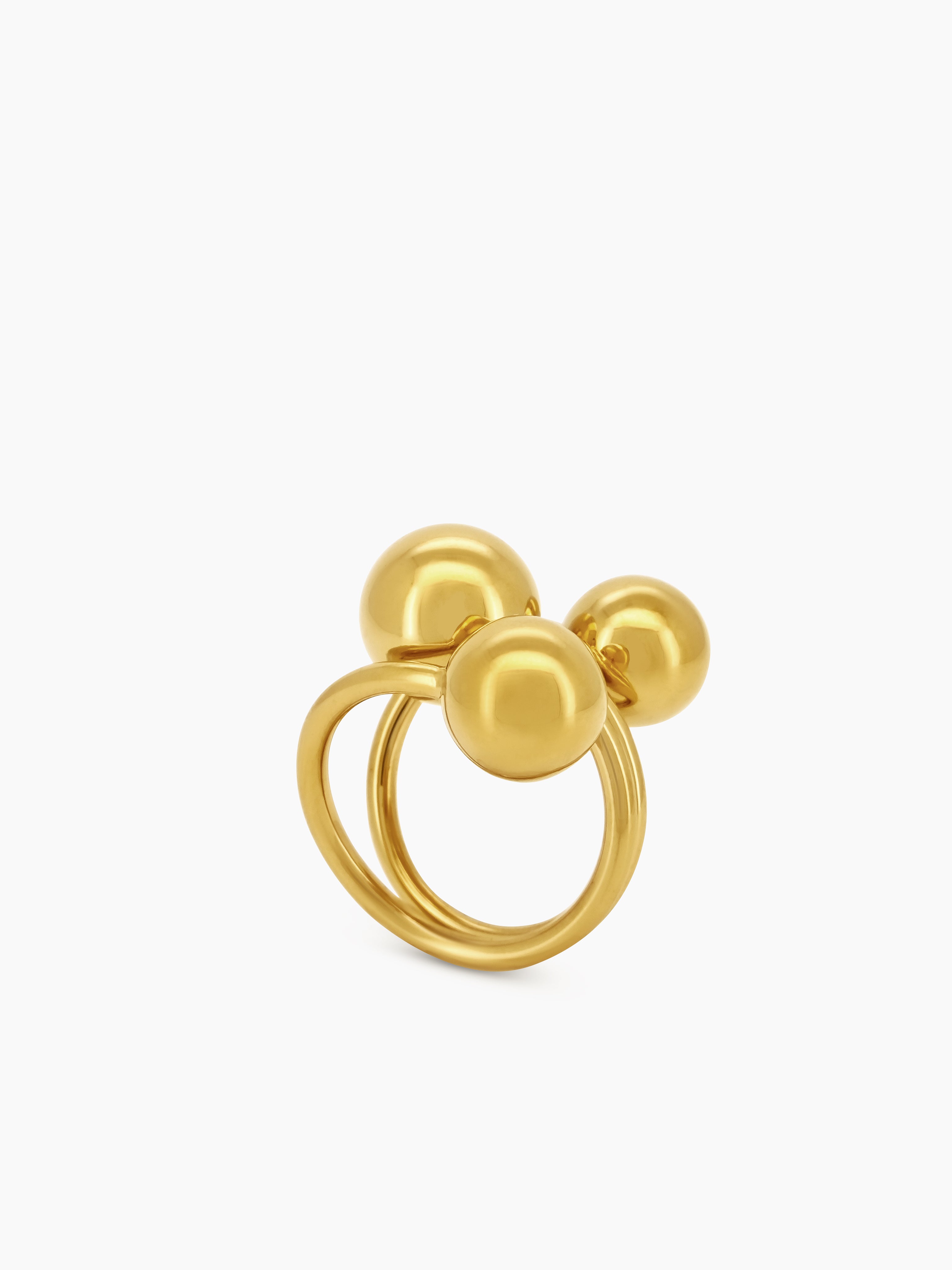 An adjustable ring with three radiant orbs on curved bands for a sculptural, modern look
