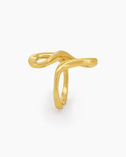 A high-shine gold ring that flows in a continuous wave with an open silhouette and smooth curves