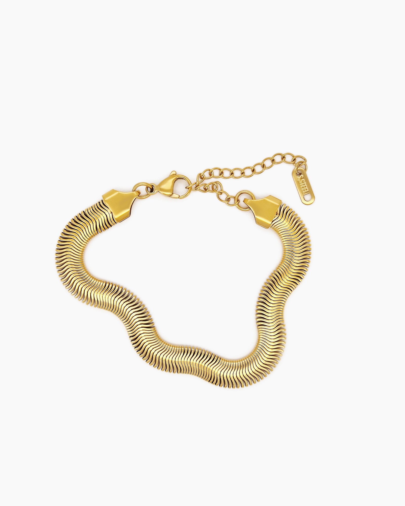 A bracelet made with a wide gold-tone snake chain that is flexible, flowing, and polished