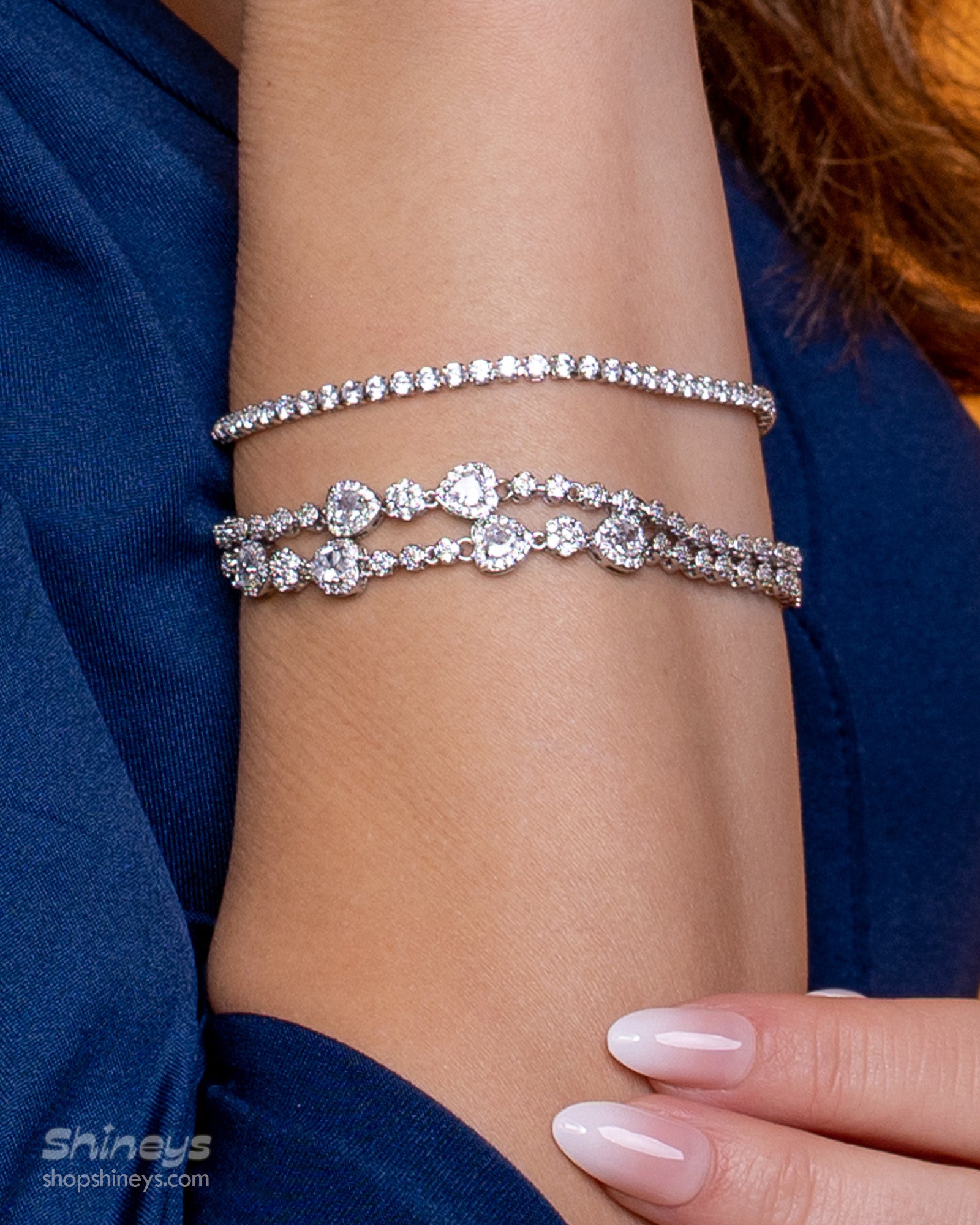The Pippa Heart Stone Bracelet styled with the Eva 2.5mm Tennis Bracelet
