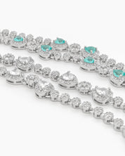 A radiant lake-blue vintage-style bracelet with two rows of zircons and five haloed heart-shaped centerpieces