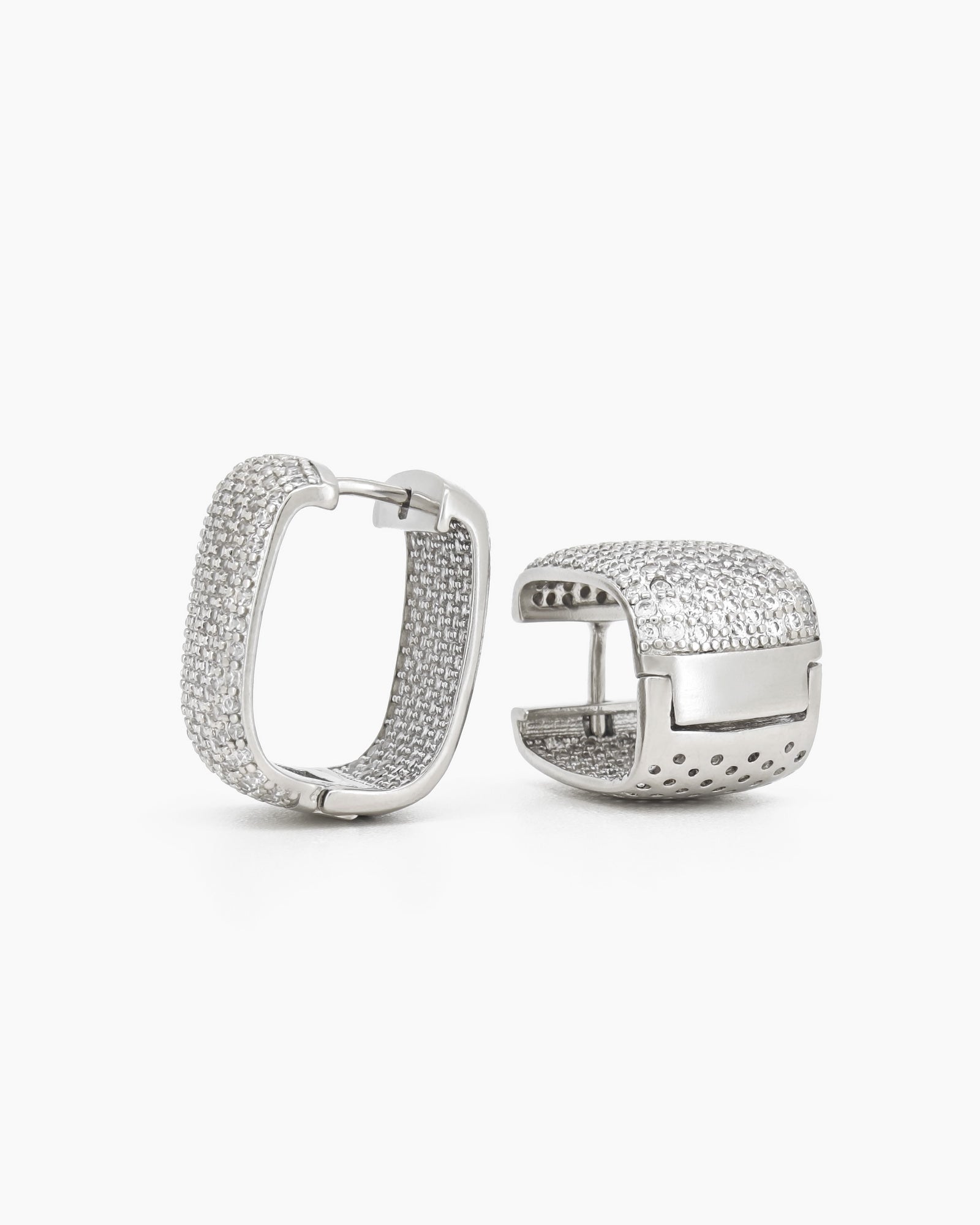 Statement earrings in a bold rectangular silhouette, encrusted with a full pavé of micro-set white zircons