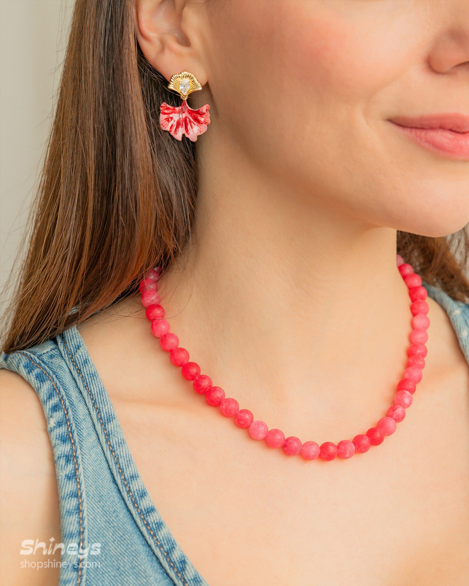 The Searose Drop Earrings styled with the Melissa Red Stone Necklace